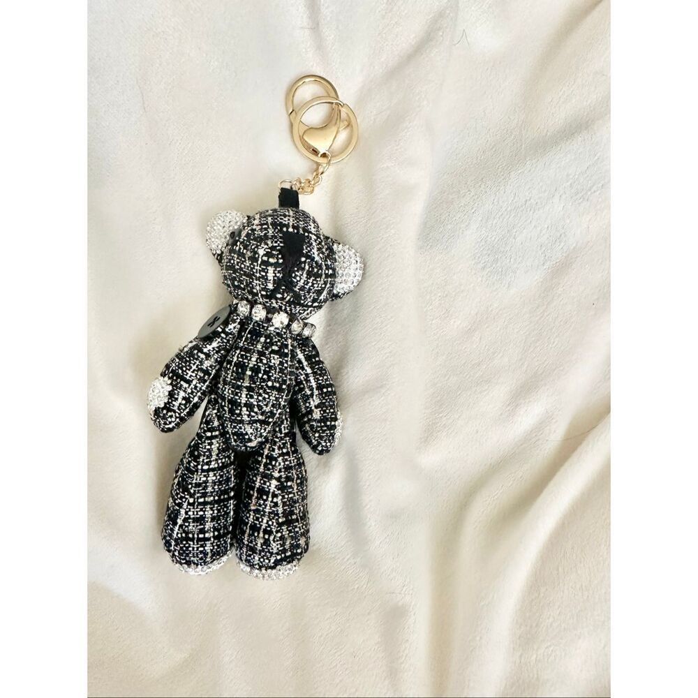 Glamorous tweed black and white plush teddy bear with rhinestone detail